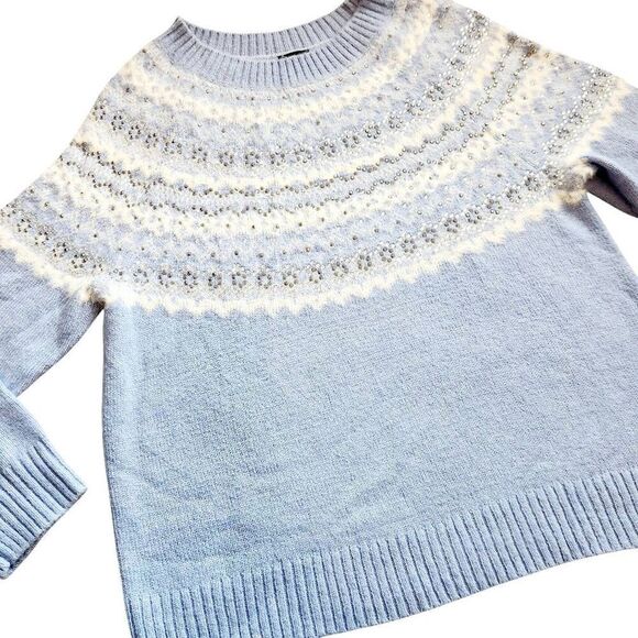 Talbots Sweater Womens XL Wool Blend Fair Isle Frost Rhinestone Bling Winter Hal - Picture 3 of 8